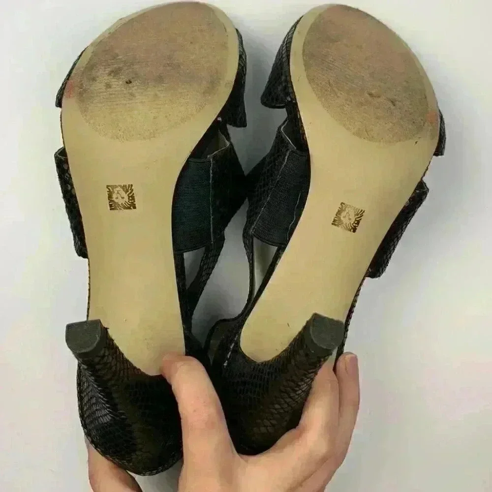 Anne Klein Akouray heels sz 8.5 black leather snakeskin print Dorsay platforms